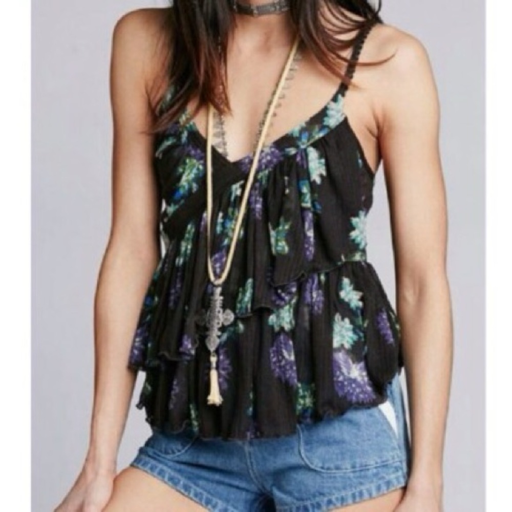 Free People Melbourne Floral Ruffle Black Top Large